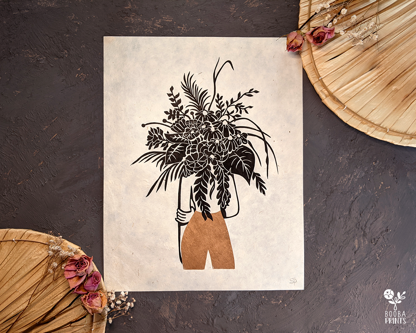 Handmade linocut print of my Flower Head Girl. 2 color original print in black and metallic copper. Printed with oil based ink on natural Lokta paper 55 gsm. Boho print for home decor. Flower lover print. Woman and flower print. Art by Booba Prints.