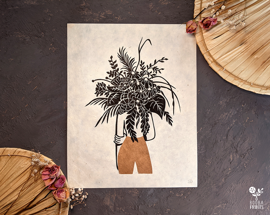 Handmade linocut print of my Flower Head Girl. 2 color original print in black and metallic copper. Printed with oil based ink on natural Lokta paper 55 gsm. Boho print for home decor. Flower lover print. Woman and flower print. Art by Booba Prints.