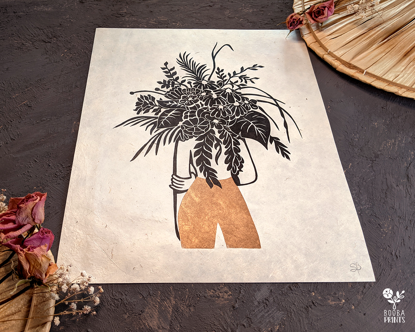 Handmade linocut print of my Flower Head Girl. 2 color original print in black and metallic copper. Printed with oil based ink on natural Lokta paper 55 gsm. Boho print for home decor. Flower lover print. Woman and flower print. Art by Booba Prints.