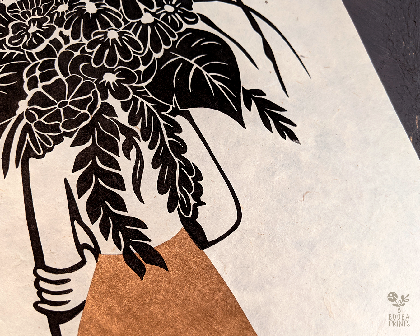 Handmade linocut print of my Flower Head Girl. 2 color original print in black and metallic copper. Printed with oil based ink on natural Lokta paper 55 gsm. Boho print for home decor. Flower lover print. Woman and flower print. Art by Booba Prints.
