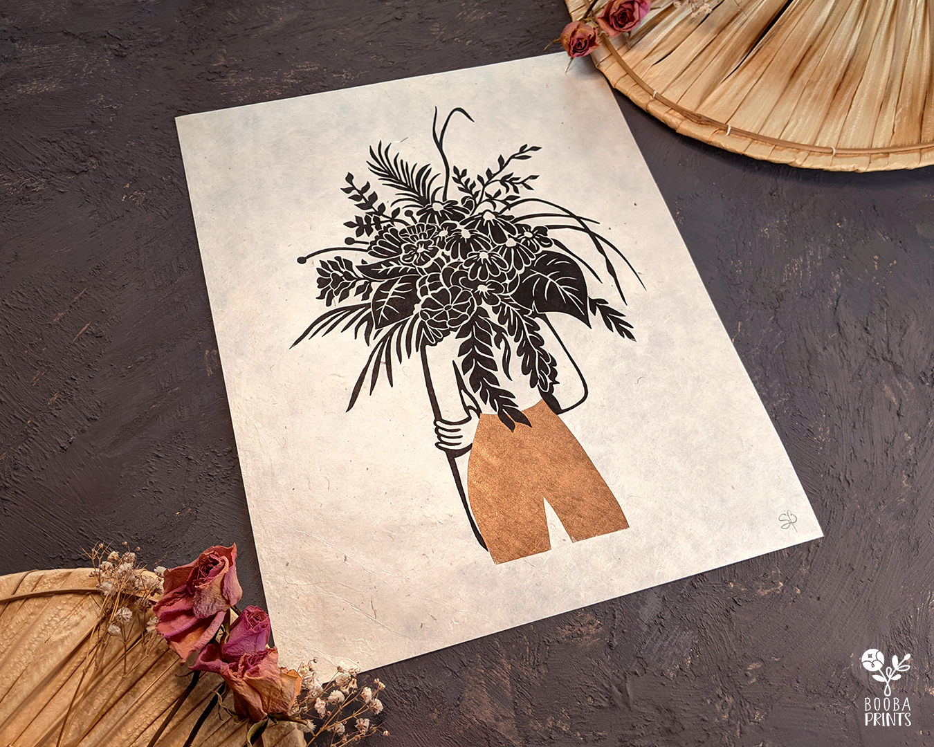 Handmade linocut print of my Flower Head Girl. 2 color original print in black and metallic copper. Printed with oil based ink on natural Lokta paper 55 gsm. Boho print for home decor. Flower lover print. Woman and flower print. Art by Booba Prints.
