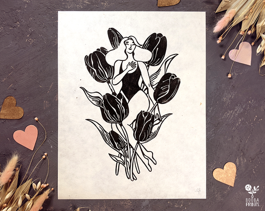 Original handmade linocut cut print of my "I Declare My Love For You" or Tulip Girl. As part of the Flower Language, the tulip used to symbolize that meaning of "I declare my love for you" which inspired me to create this romantic print. Printed in black with oil based ink on Lokta paper 55 gsm. Boho print for home decor. Flower lover Wall art. Prints by Booba Prints, 11x14 inches print. Valentine's Day gift or an anniversary gift.