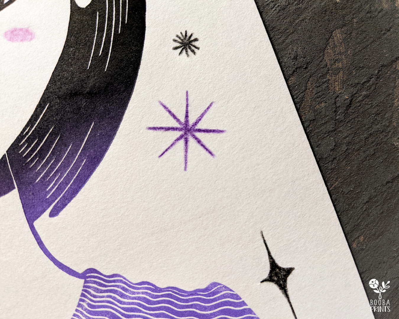 Original handmade and hand printed linocut print of Vampire Girl. Mixed media original piece of a woman vampire surrounded by stars. Printed with a 2 color gradient of black and purple, and finished with colored pencils with black and orange. Printed with oil based ink on Lokta paper 55 gsm. Whimsical art for home decor. Modern woman portrait. Art by Booba Prints.