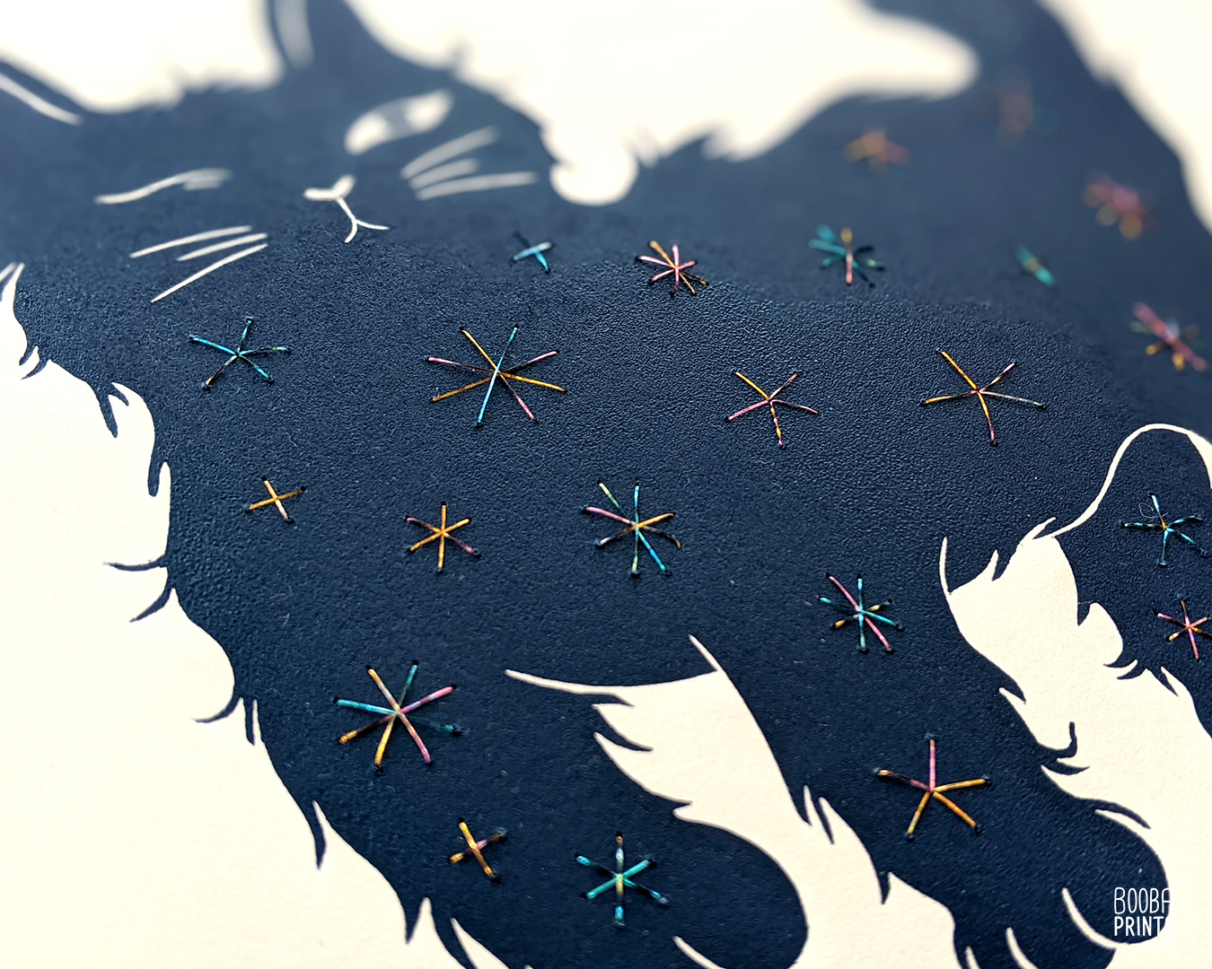 A collection of all my mixed media prints. Linocut block printing combined with other mediums. Art by Booba Prints