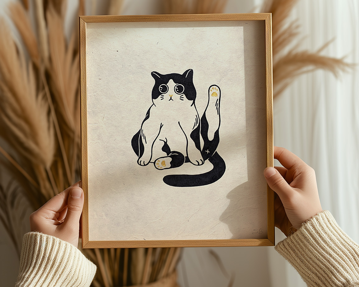 A collection of my most affordable products that are under 30$, such as smaller prints, cat prints, tote bags and stickers. Art by Booba Prints