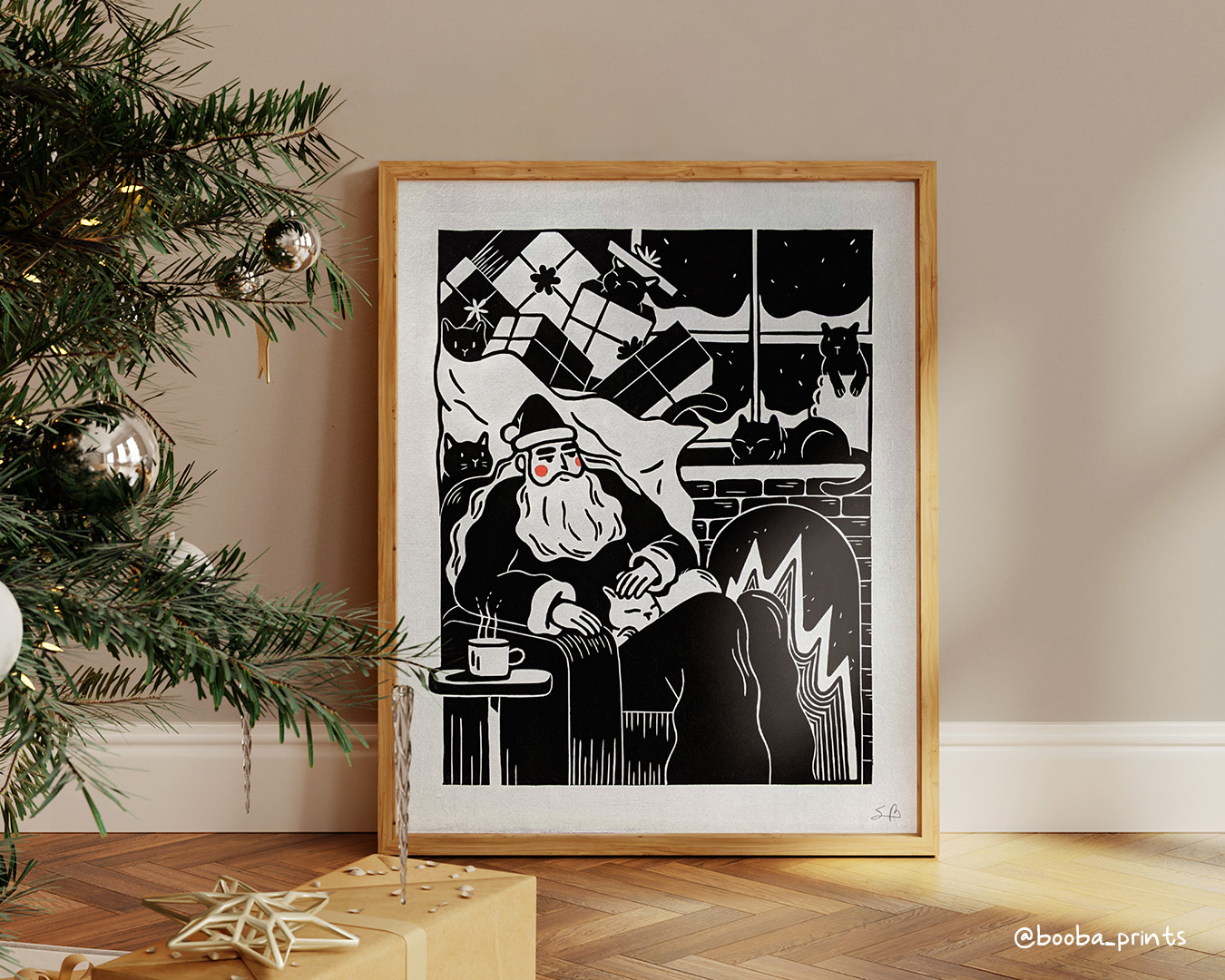 A collection of my original handmade linocut print that would fit a special occasion, such as Christmas floral prints, Christmas ornament print, Valentine's Day prints of couple in love and snuggly cats, as well as a tote bag with Snuggly Cats on it.