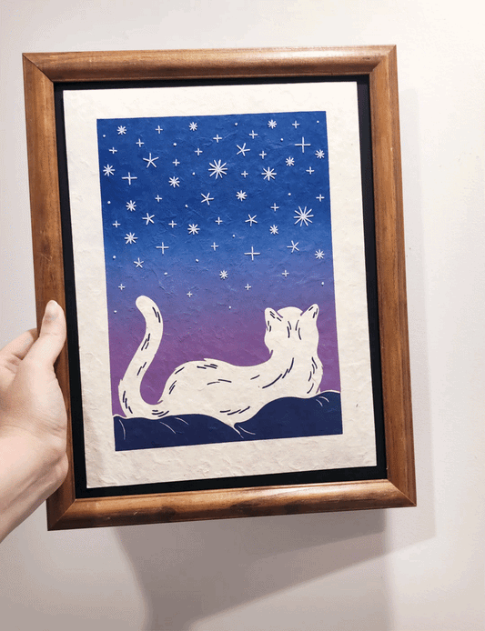 Starry Horizon Linocut Print with Embroidered Glow In The Dark Thread ✷ LIMITED EDITION of 5
