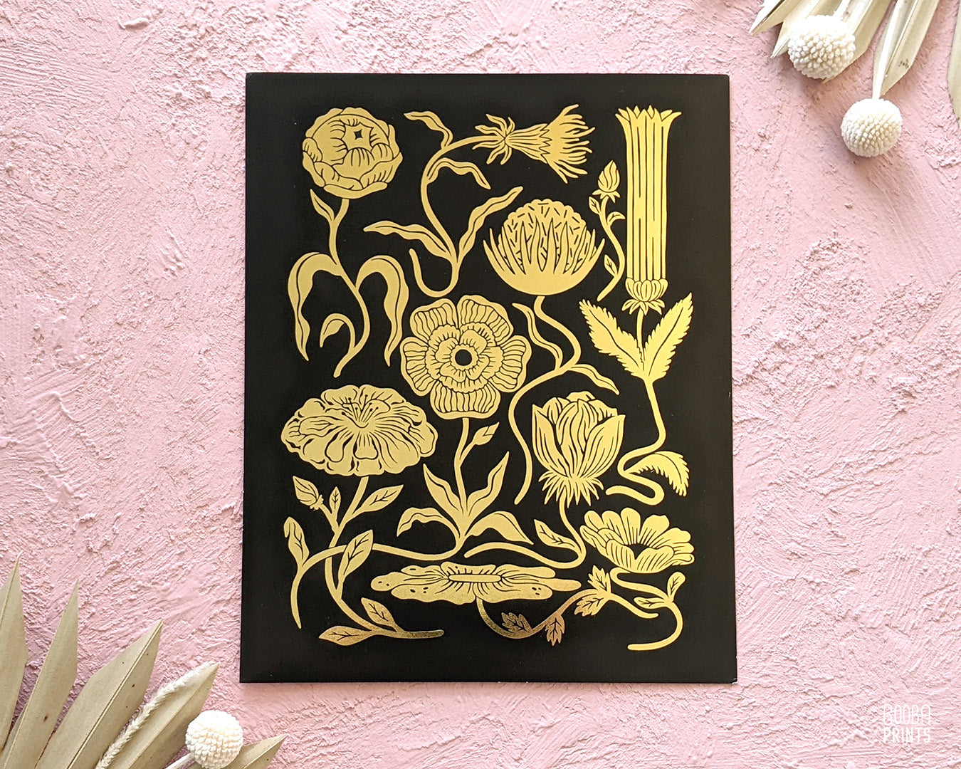 Gold flower print, digitally printed gold foil layer and black ink over stain card stock paper. Elegant beautiful print for home decor. Flower lover gift, gift for home decor, housewarming gift, birthday gift. Art by Booba Prints