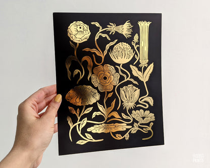 #1 Golden Flowers Linocut Print