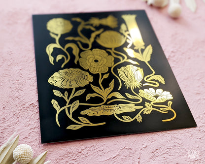 Gold flower print, digitally printed gold foil layer and black ink over stain card stock paper. Elegant beautiful print for home decor. Flower lover gift, gift for home decor, housewarming gift, birthday gift. Art by Booba Prints