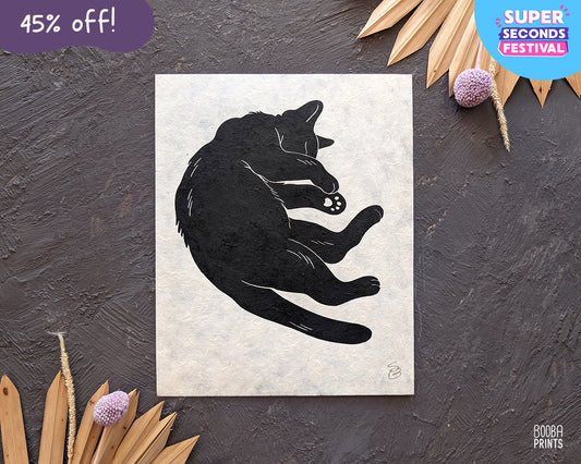 Sleeping Black Cat Linocut Print Sample ✷ 45% Off!