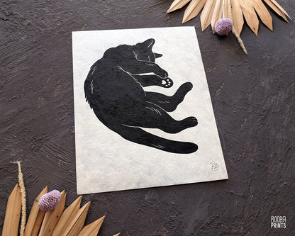 Sleeping Black Cat Linocut Print Sample ✷ 45% Off!