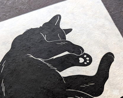 Sleeping Black Cat Linocut Print Sample ✷ 45% Off!