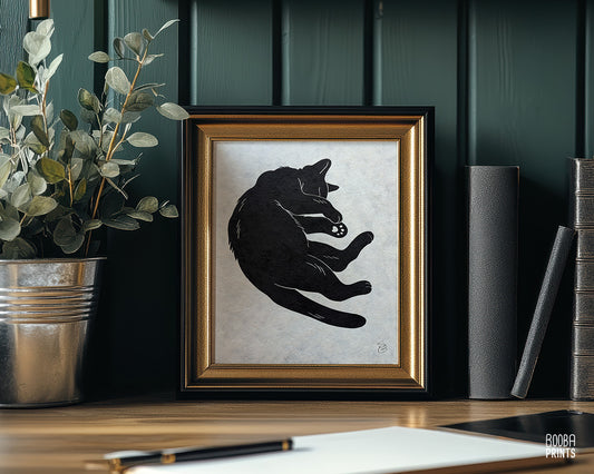 Sleeping Black Cat Linocut Print Sample ✷ 45% Off!