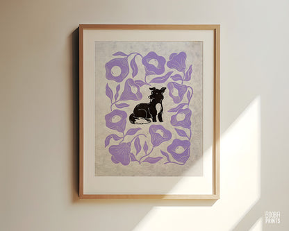 Original handmade linocut print of Happy Dog & Purple Flowers. 2 color hand printed design, printed by hand with black and purple ink on natural Lokta paper 50 gsm, dog lover gift, cute dog print, birthday or housewarming gift, flower lover and dog lover gift. Art by Booba Prints