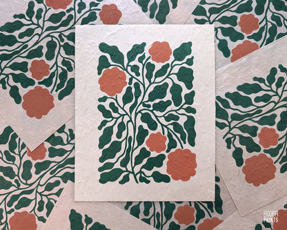 Flowers Linocut Print Green & Orange "Lacey Garden" ✷ Original Linocut Print