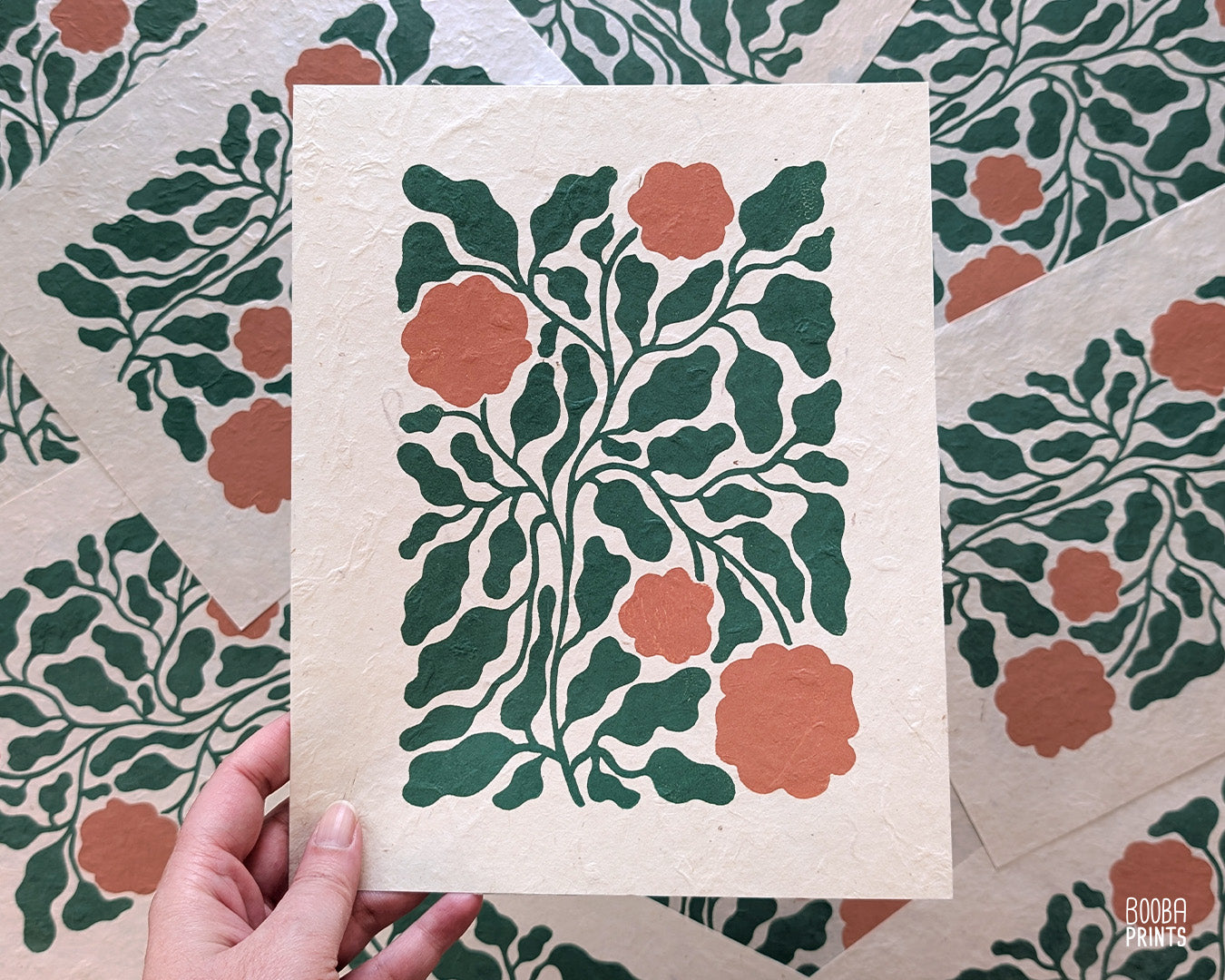 Flowers Linocut Print Green & Orange "Lacey Garden" ✷ Original Linocut Print