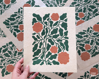 Flowers Linocut Print Green & Orange "Lacey Garden" ✷ Original Linocut Print
