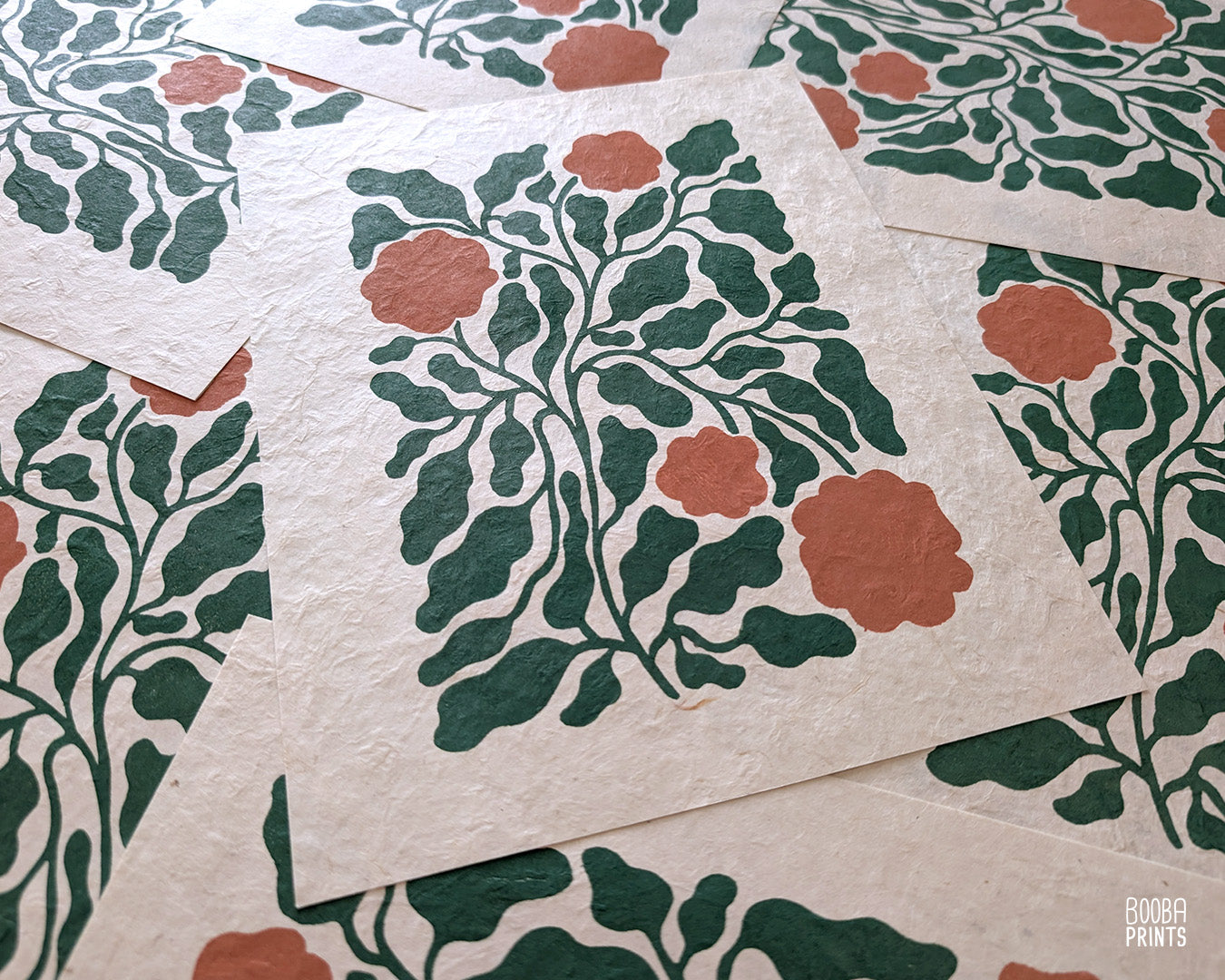Flowers Linocut Print Green & Orange "Lacey Garden" ✷ Original Linocut Print