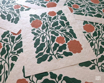Flowers Linocut Print Green & Orange "Lacey Garden" ✷ Original Linocut Print