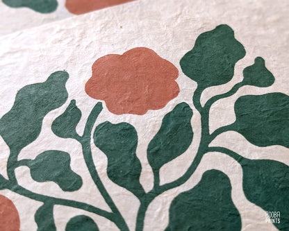 Flowers Linocut Print Green & Orange "Lacey Garden" ✷ Original Linocut Print