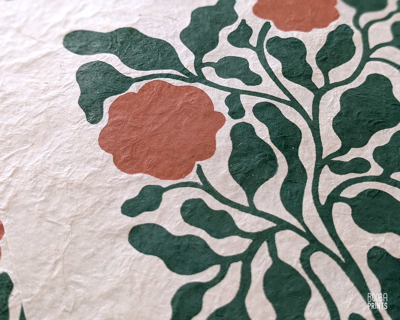 Flowers Linocut Print Green & Orange "Lacey Garden" ✷ Original Linocut Print
