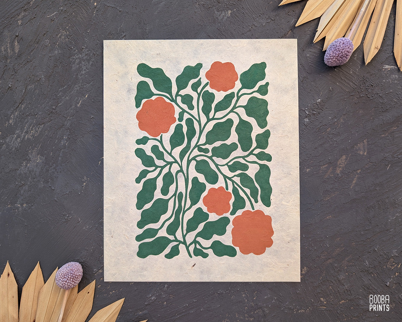 Flowers Linocut Print Green & Orange "Lacey Garden" ✷ Original Linocut Print