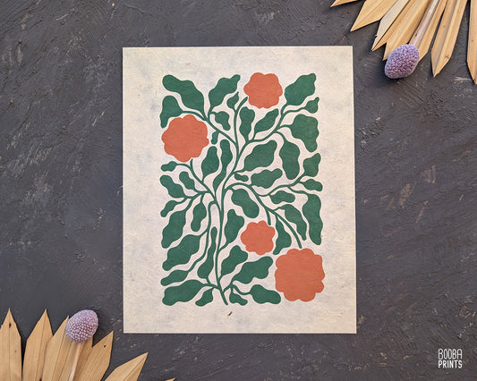 Flowers Linocut Print Green & Orange "Lacey Garden" ✷ Original Linocut Print