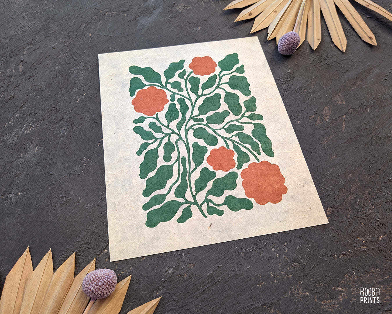 Flowers Linocut Print Green & Orange "Lacey Garden" ✷ Original Linocut Print