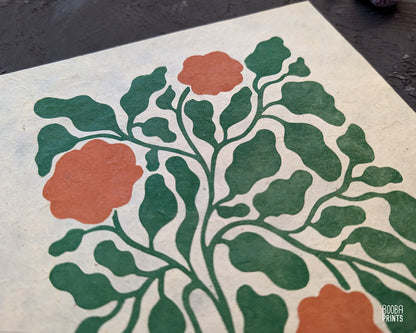 Flowers Linocut Print Green & Orange "Lacey Garden" ✷ Original Linocut Print