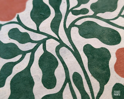 Flowers Linocut Print Green & Orange "Lacey Garden" ✷ Original Linocut Print