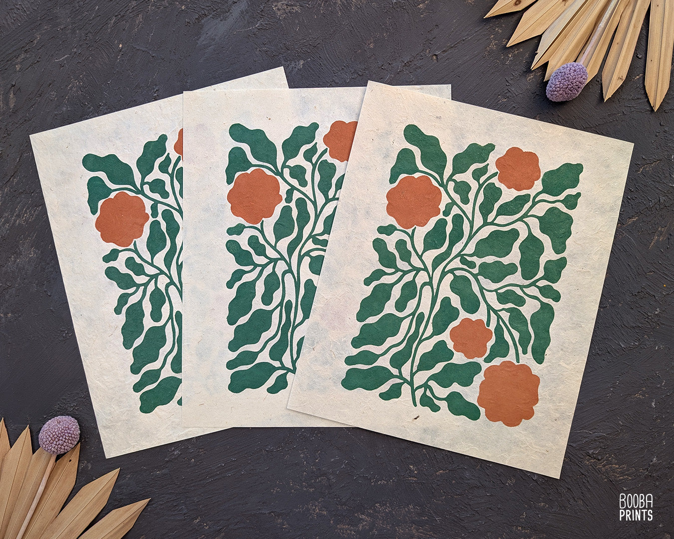Flowers Linocut Print Green & Orange "Lacey Garden" ✷ Original Linocut Print