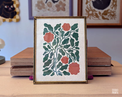 Flowers Linocut Print Green & Orange "Lacey Garden" ✷ Original Linocut Print