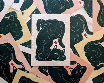 Bendy Cat Original Linocut Print
