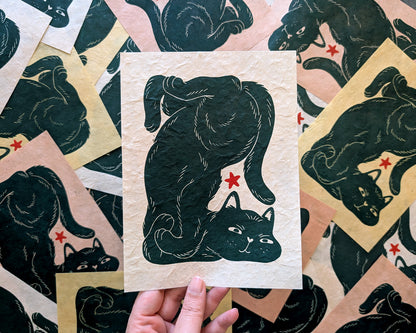 Bendy Cat Original Linocut Print