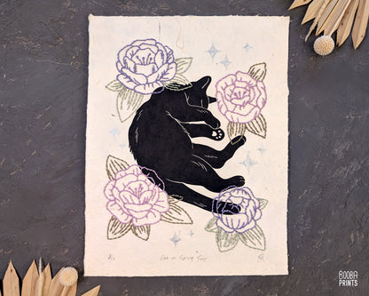Sleeping Black Cat Linocut with Embroidered Flowers ✷ Handmade Mixed Media Wall Art ✷ Cat In Spring Time