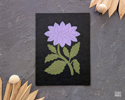 Flower Linocut Print Green & Purple Stylized "Diamond Flower" ✷ Hand Embroidered Original Artwork