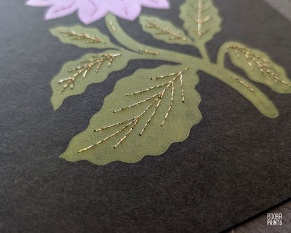 Flower Linocut Print Green & Purple "Diamond Flower" Version 2 ✷ Hand Embroidered Original Artwork