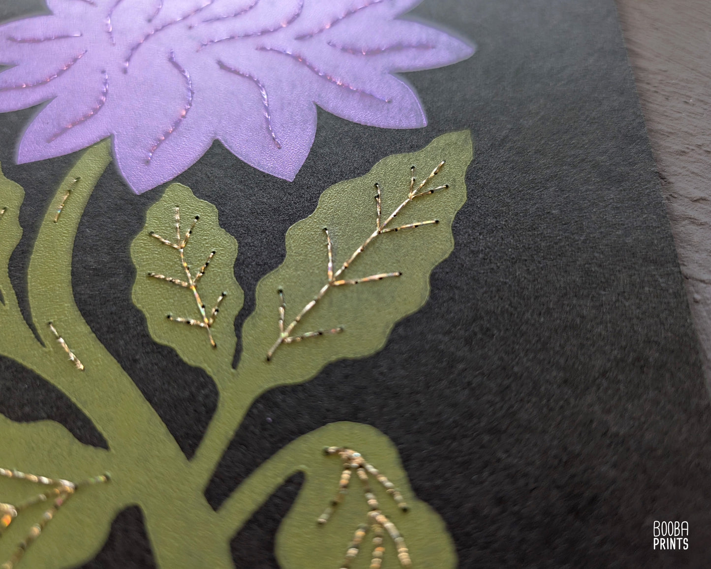 Flower Linocut Print Green & Purple "Diamond Flower" Version 2 ✷ Hand Embroidered Original Artwork