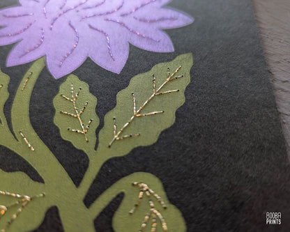 Flower Linocut Print Green & Purple "Diamond Flower" Version 2 ✷ Hand Embroidered Original Artwork