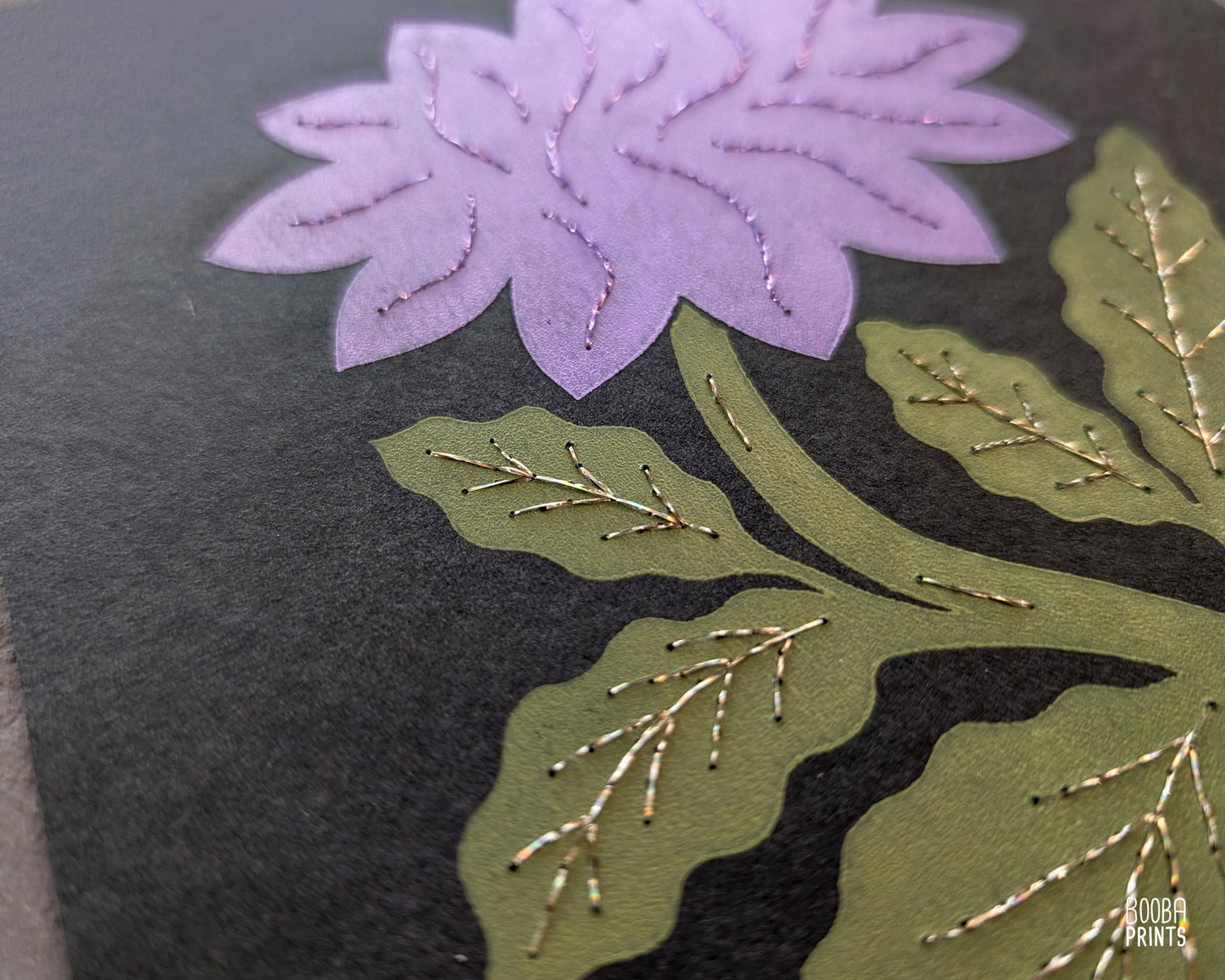 Flower Linocut Print Green & Purple "Diamond Flower" Version 2 ✷ Hand Embroidered Original Artwork