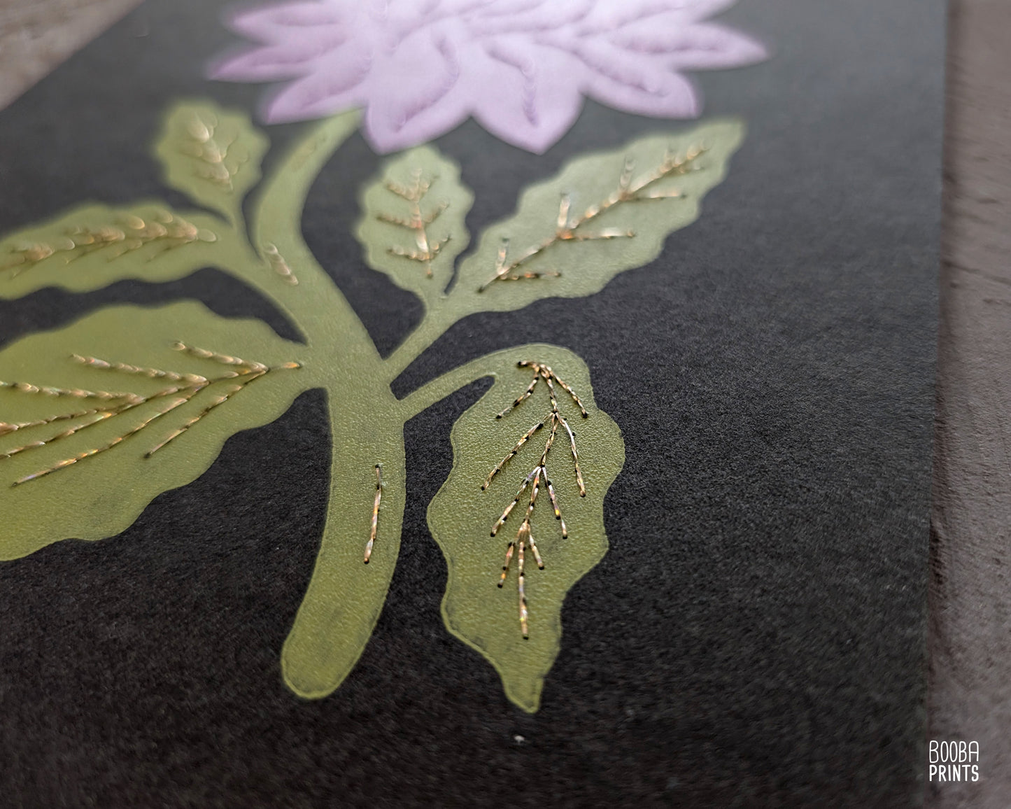 Flower Linocut Print Green & Purple "Diamond Flower" Version 2 ✷ Hand Embroidered Original Artwork