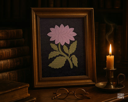 Flower Linocut Print Green & Purple "Diamond Flower" Version 2 ✷ Hand Embroidered Original Artwork