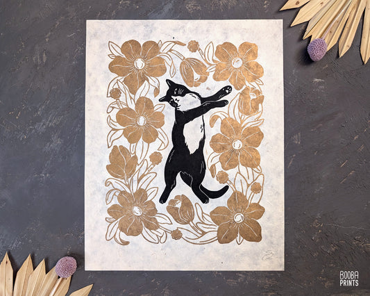 Tuxedo Cat & Gold Flowers ✷ Cat Lover Print