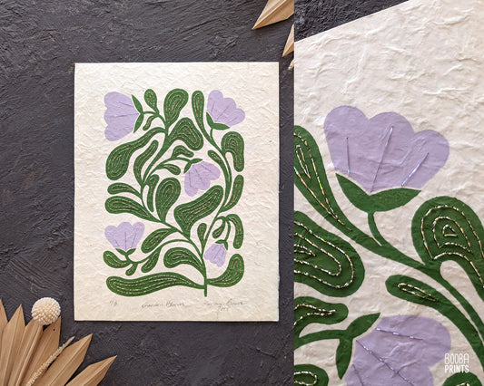 Floral Linocut Print Green & Lavender Stylized "Garden Bloom" Print✷ Hand Embroidered Original Artwork