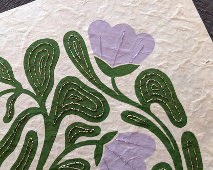 Floral Linocut Print Green & Pink "Meadow Song" ✷ LIMITED EDITION
