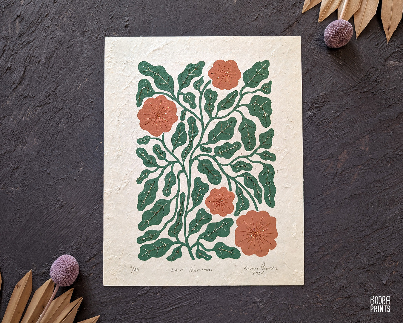 Flowers Linocut Print Green & Orange "Lace Garden" ✷ Original Linocut Print