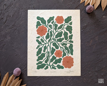 Flowers Linocut Print Green & Orange "Lace Garden" ✷ Original Linocut Print