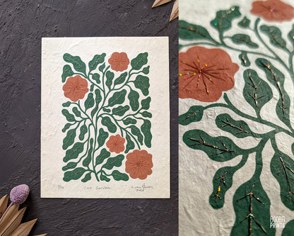Flowers Linocut Print Green & Orange "Lace Garden" ✷ Original Linocut Print