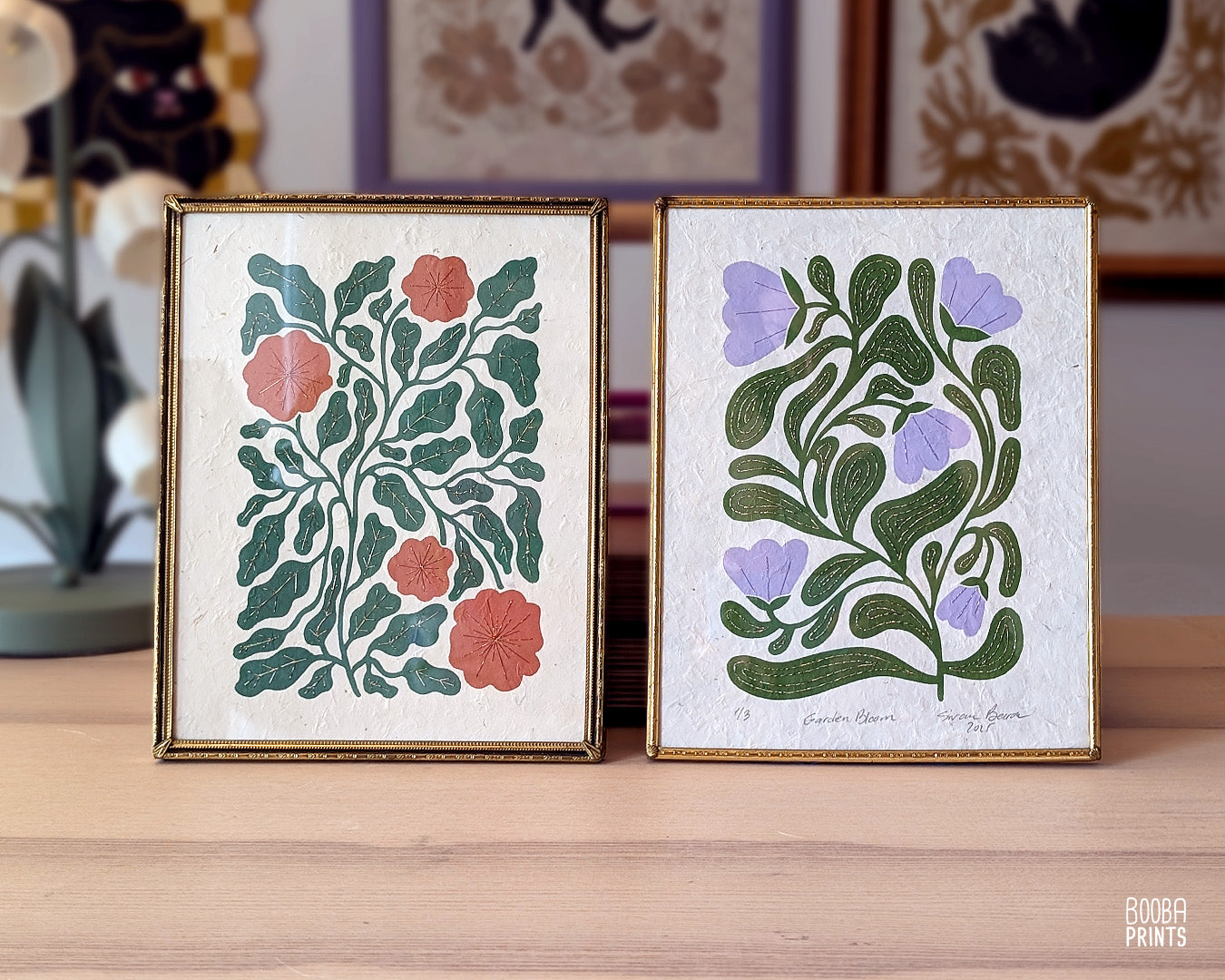 Flowers Linocut Print Green & Orange "Lace Garden" ✷ Original Linocut Print